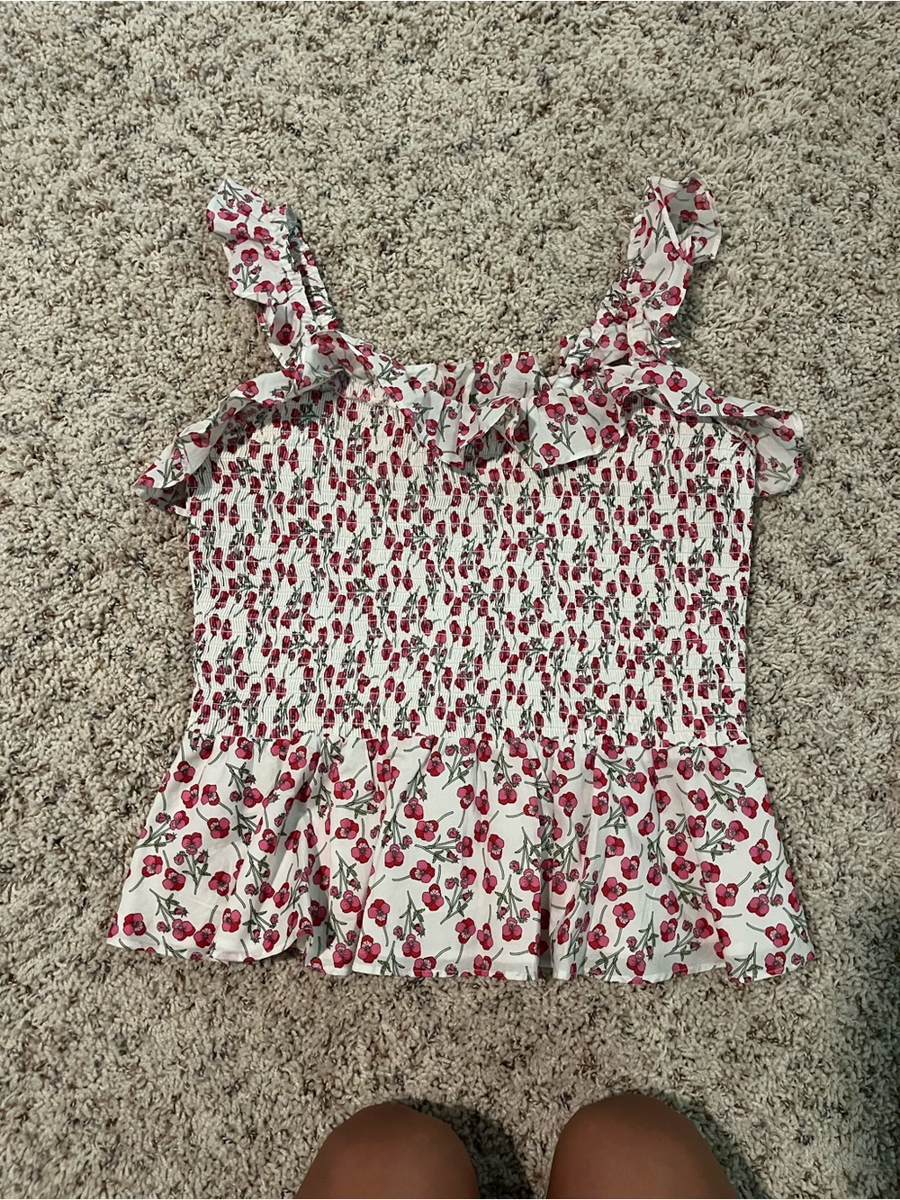 J. Crew White Floral Smocked Tank with Pink Cherry Print
